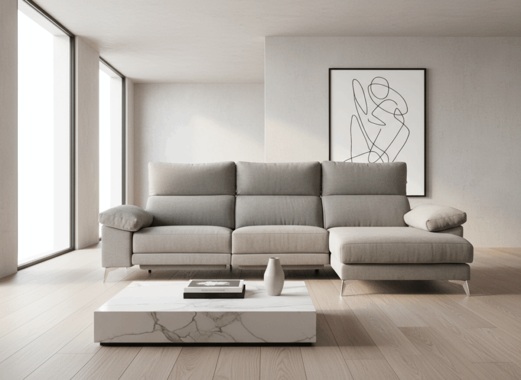 Vista frontal del Sofá Moon Chaise Longue, de diseño contemporáneo, en un espacio luminoso y sofisticado.